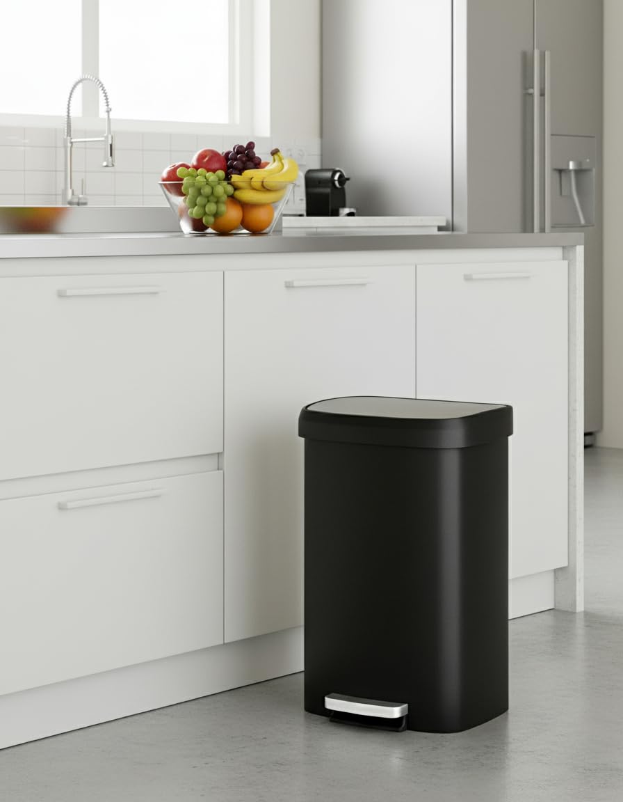 13 Gal / 50L Large Plastic Trash Can for Kitchen, Step-On with Soft Close Lid, Liner Rim, Rustproof Garbage Bin, Rear