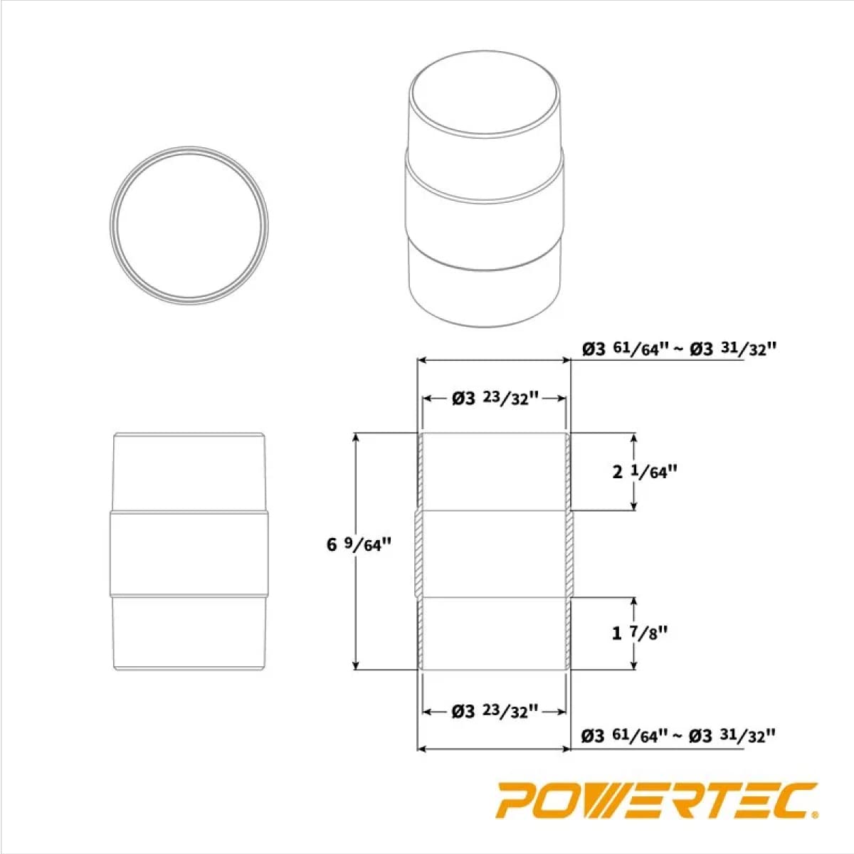 POWERTEC 70123W 4-Inch Dust Hose Connector w/Quick Connect Splice Adapter, ABS Plastic, 1PK