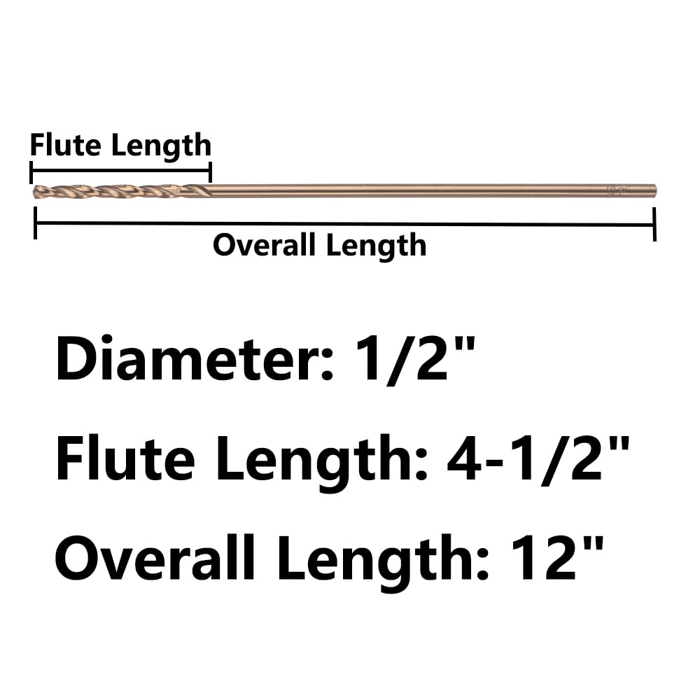 VALYRIANTOOL 1/2 in. x 12 in. Cobalt Aircraft Extension Drill Bit(1PC), M35 High Speed Steel Drill Bit Extra Long Deep Hole Drilling for Stainless Steel, Plastic and Wood