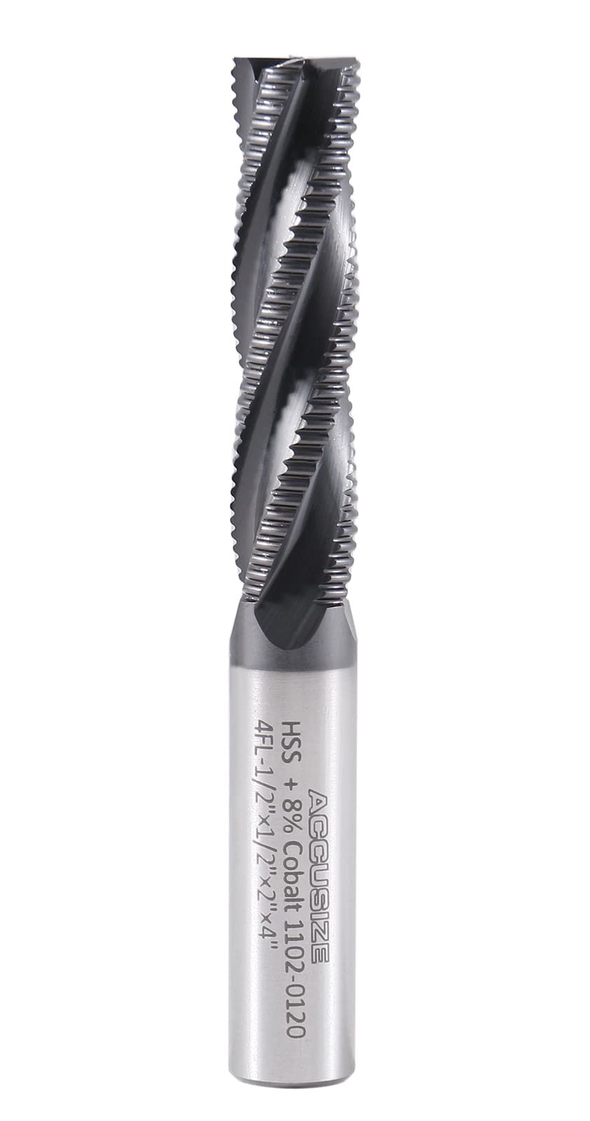 Accusize Industrial Tools 1/2'' Dia, M42 8% Cobalt Tialn Roughing End Mill, 1/2'' Shk Dia, 2'' Flt Length, 4'' Oal, 4 Flute, Coarse Tooth, 1102-0120