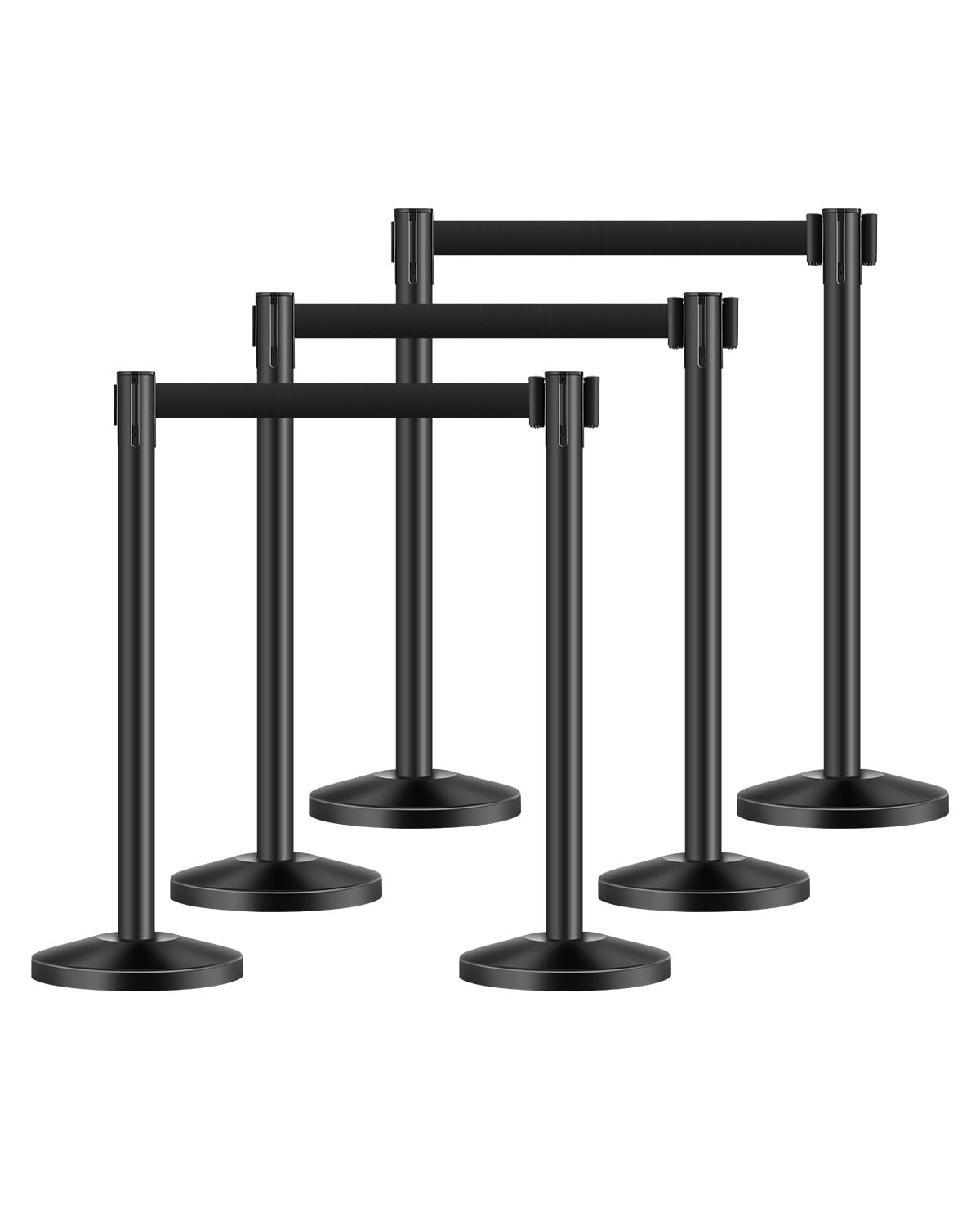 Stanchion Post, 6 Pcs Stanchions with Retractable Belts, Carbon Steel Black Stanchions Queue with Sand Injection