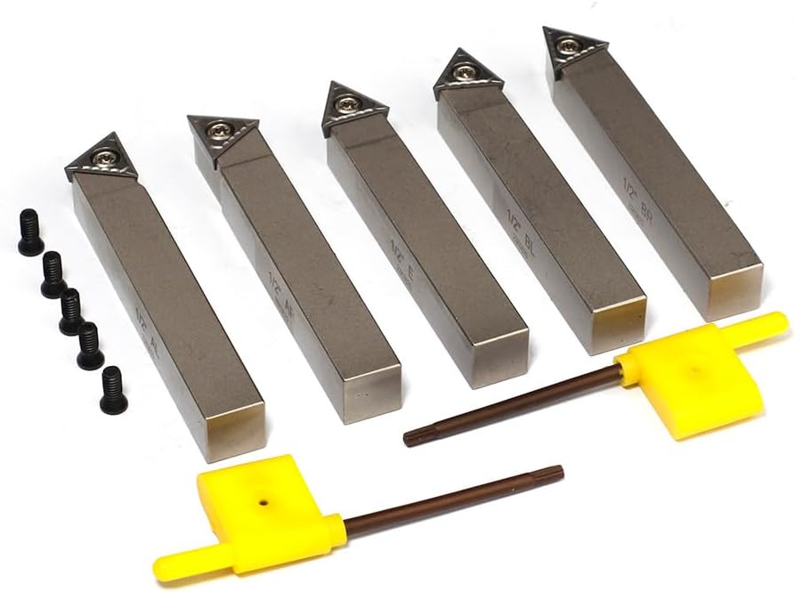 Mini Indexable Lathe Turning Tool-1/2" Shank Nickel Plated 5 Pieces Carbide Turning Tool Set,Metal Lathe Cutting Tools with Carbide Inserts TCMT16T304 (TCMT32.51)