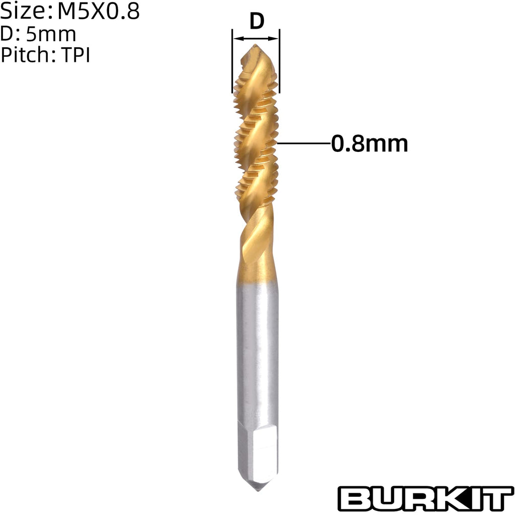 Burkit 2pcs M5 X 0.8 Titanium Coated Spiral Flute Tap