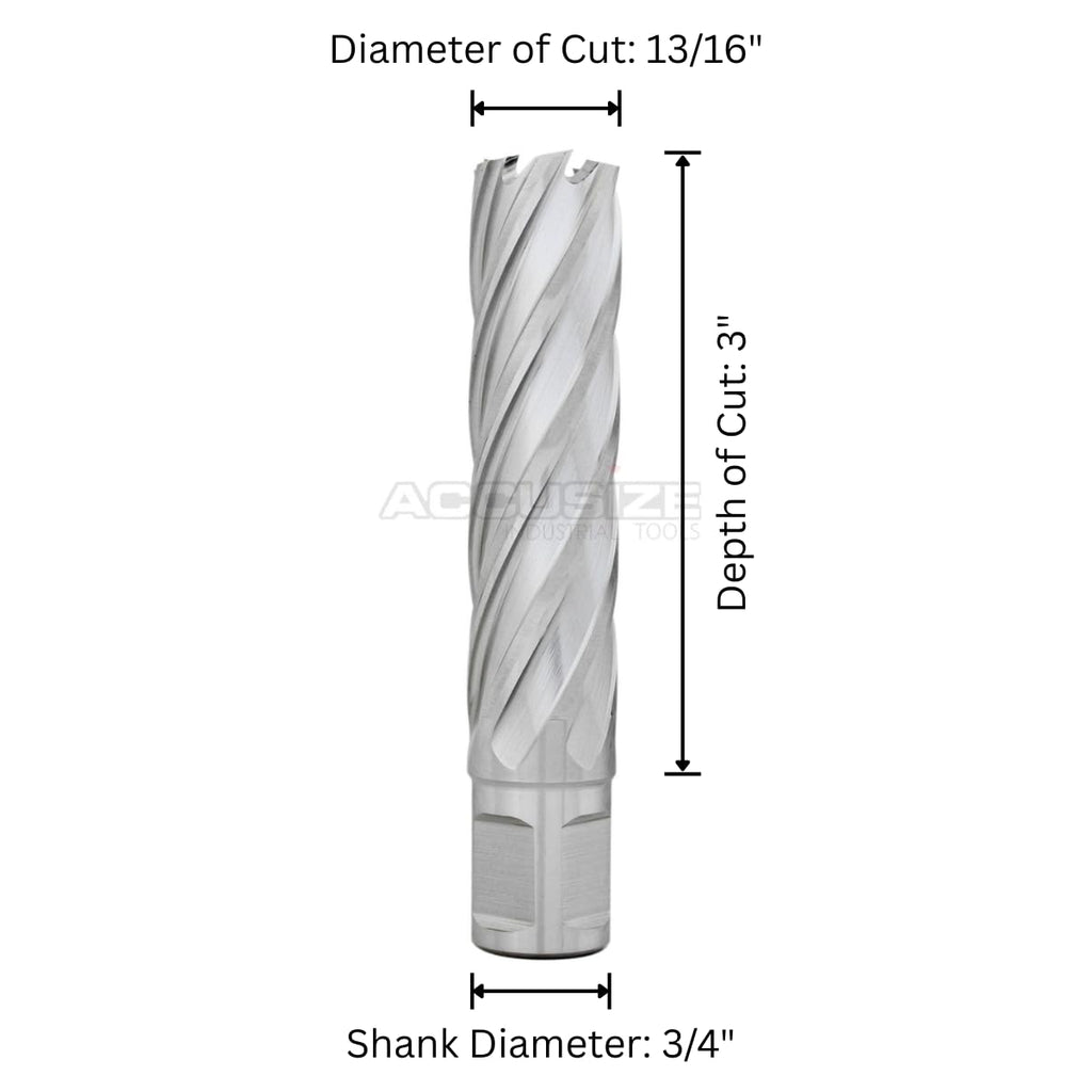 Accusize Industrial Tools 13/16'' Cutting Dia, 3/4'' Weldon Shank H.S.S. Annular Cutter, 3'' Cutting Depth, 2083-2018