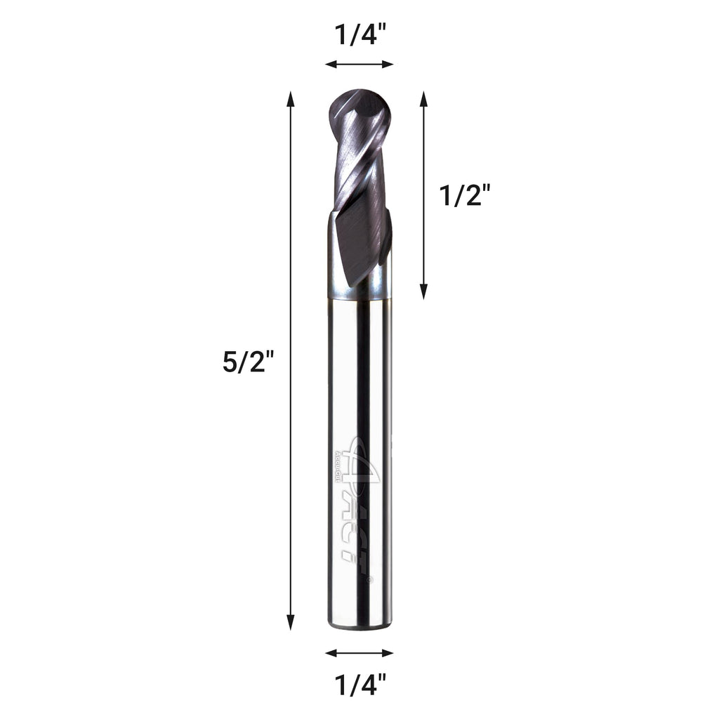 ACCUCUT I2KBL 1/4” Carbide Ballnose Long Shank End Mill- 2 Flute Milling Bit for Steel, Forge Steel, Hardened, Copper, Alloys & Materials < HRC 50 - AlTiCrN Coating CNC Router Bit, 30 Degree Helix