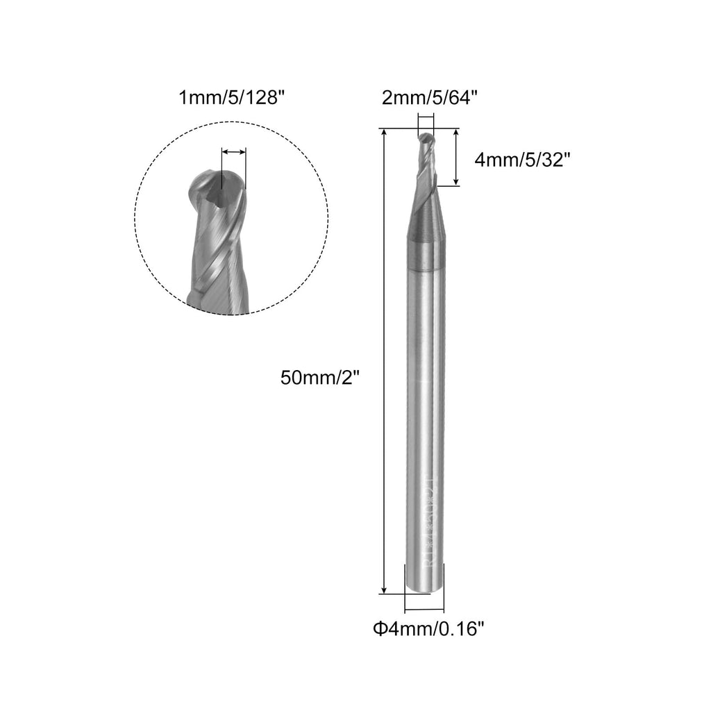uxcell 2pcs Ball Nose End Mills CNC Router Bits, 1mm (5/128") Radius Solid Carbide AlTiN Coated 2 Flutes HRC45 2mm (5/64") Diameter 4mm (5/32") Shank Cutter Milling Tools