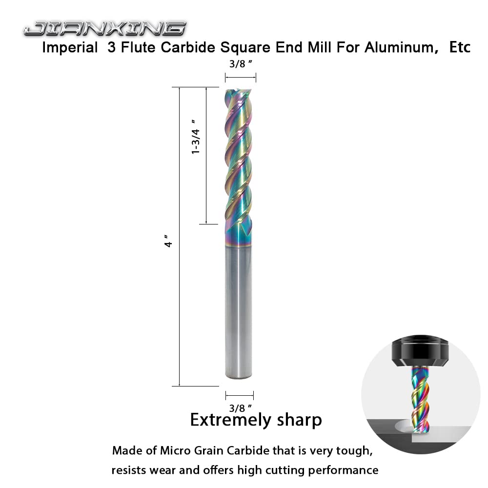 JIANXING 3/8" Extra Long Carbide Square End Mill, 3 Flute, 4” OAL, 1 Pc