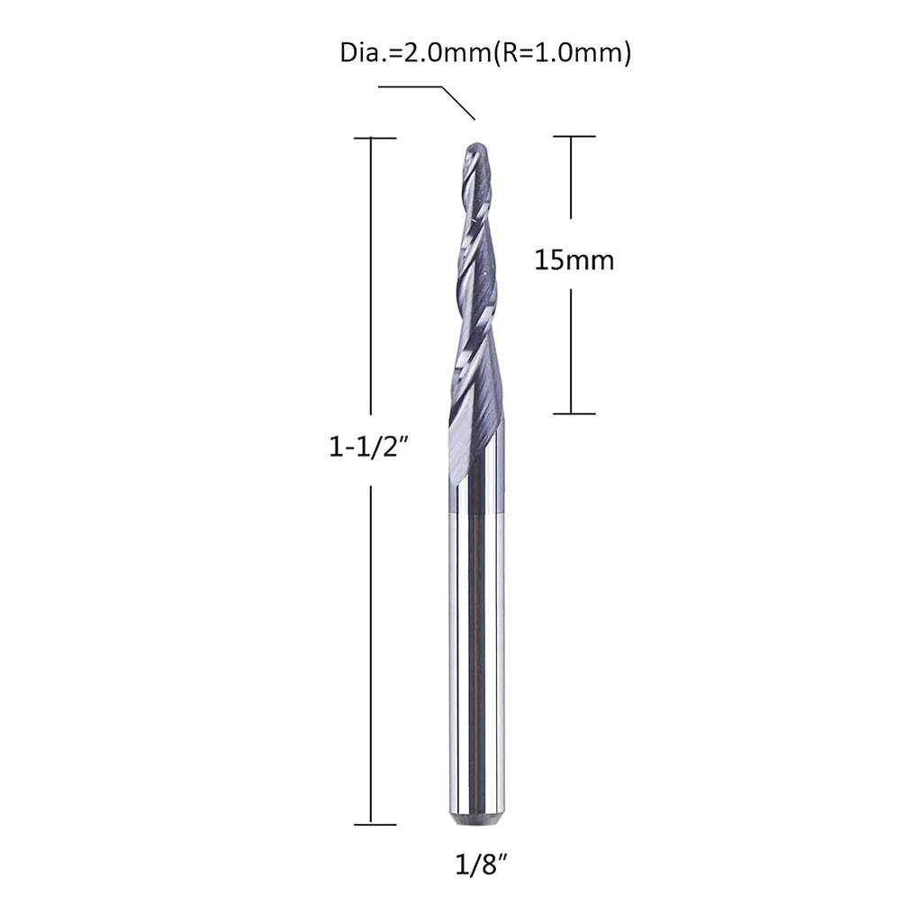 SpeTool 5Pc/Pack 1.0mm Cutting Radius(2.0mm Diameter) Tapered Ball Nose End Mill 1/8 Shank Radius with TiAlN Coated CNC Router Bit for 3D&2D Woodwork Tools