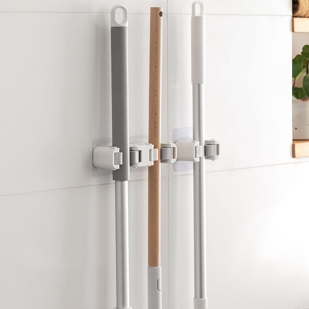 Broom Holder Wall Mount Self Adhesive, No-Drill Mop Grip Double Clip