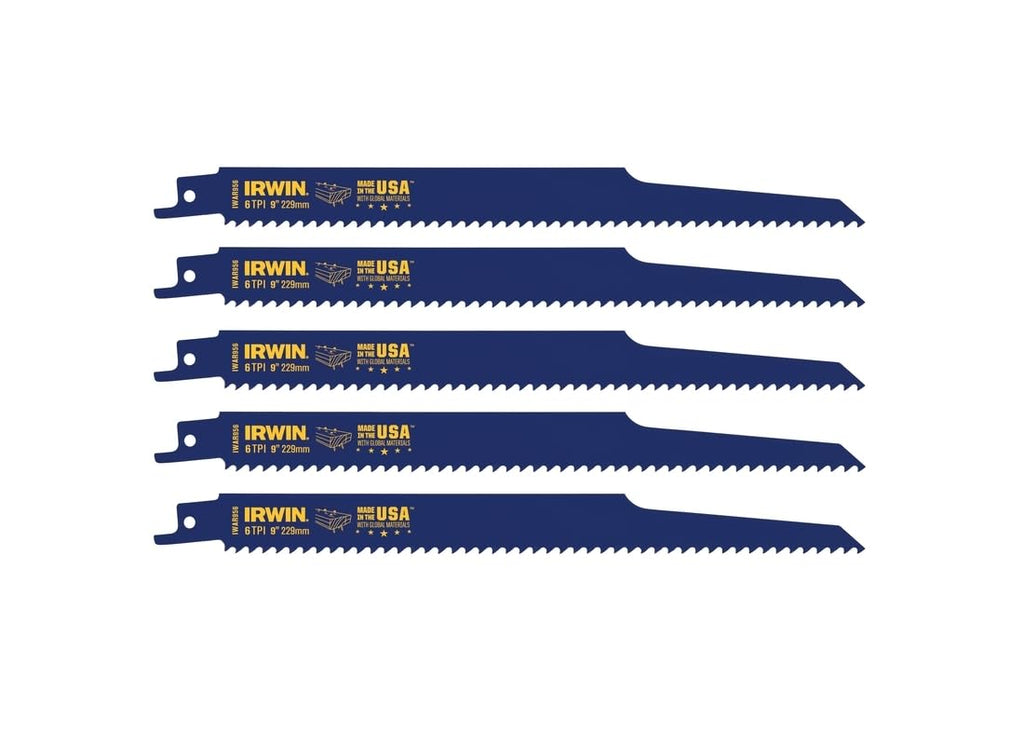 IRWIN Tools Reciprocating Saw Blade, Wood- and Nail-Embedded Wood-Cutting, 9-Inch 6 TPI, 5 Pack (372956P5)