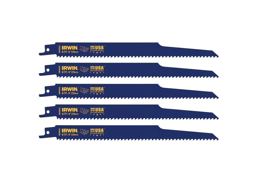 IRWIN Tools Reciprocating Saw Blade, Wood- and Nail-Embedded Wood-Cutting, 9-Inch 6 TPI, 5 Pack (372956P5)