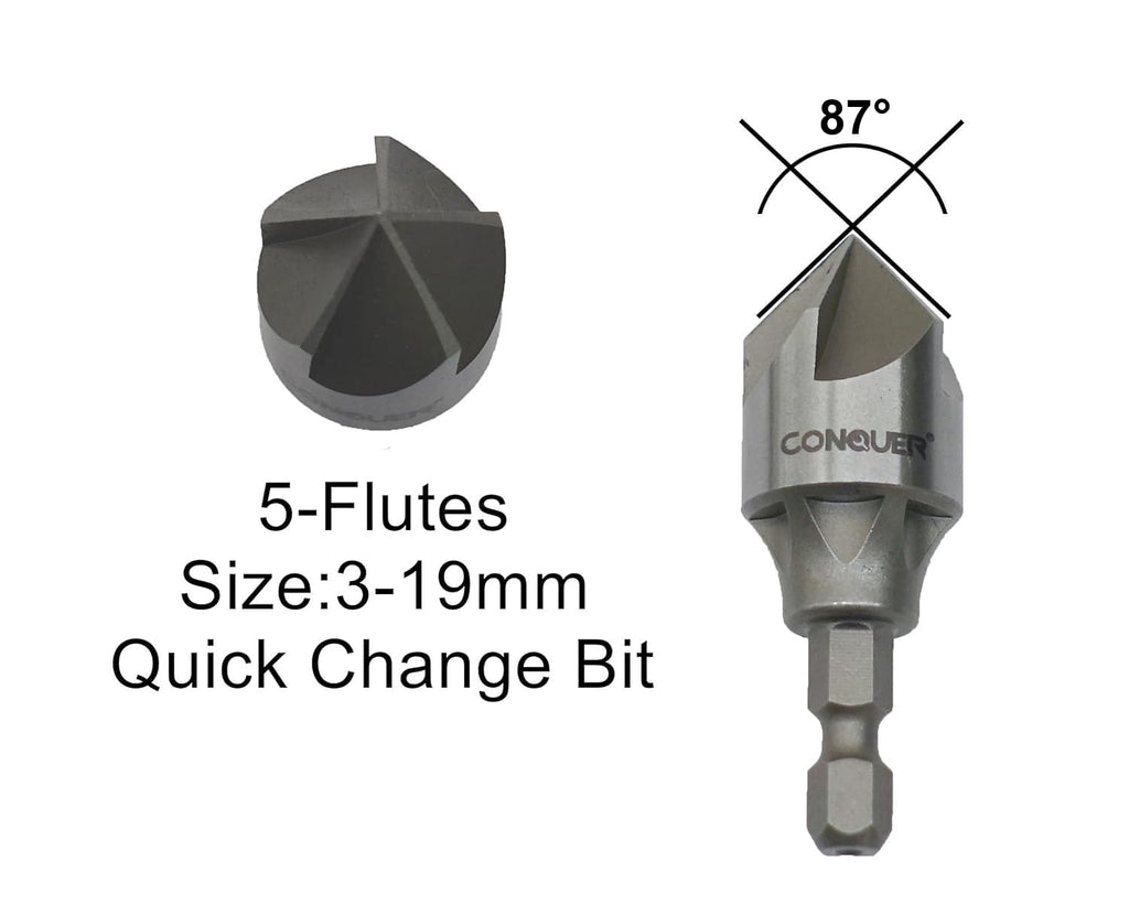 CONQUER 5 Flute Metal Countersink Drill Bit, 1/4" Hex Shank, 1/8"-3/4"