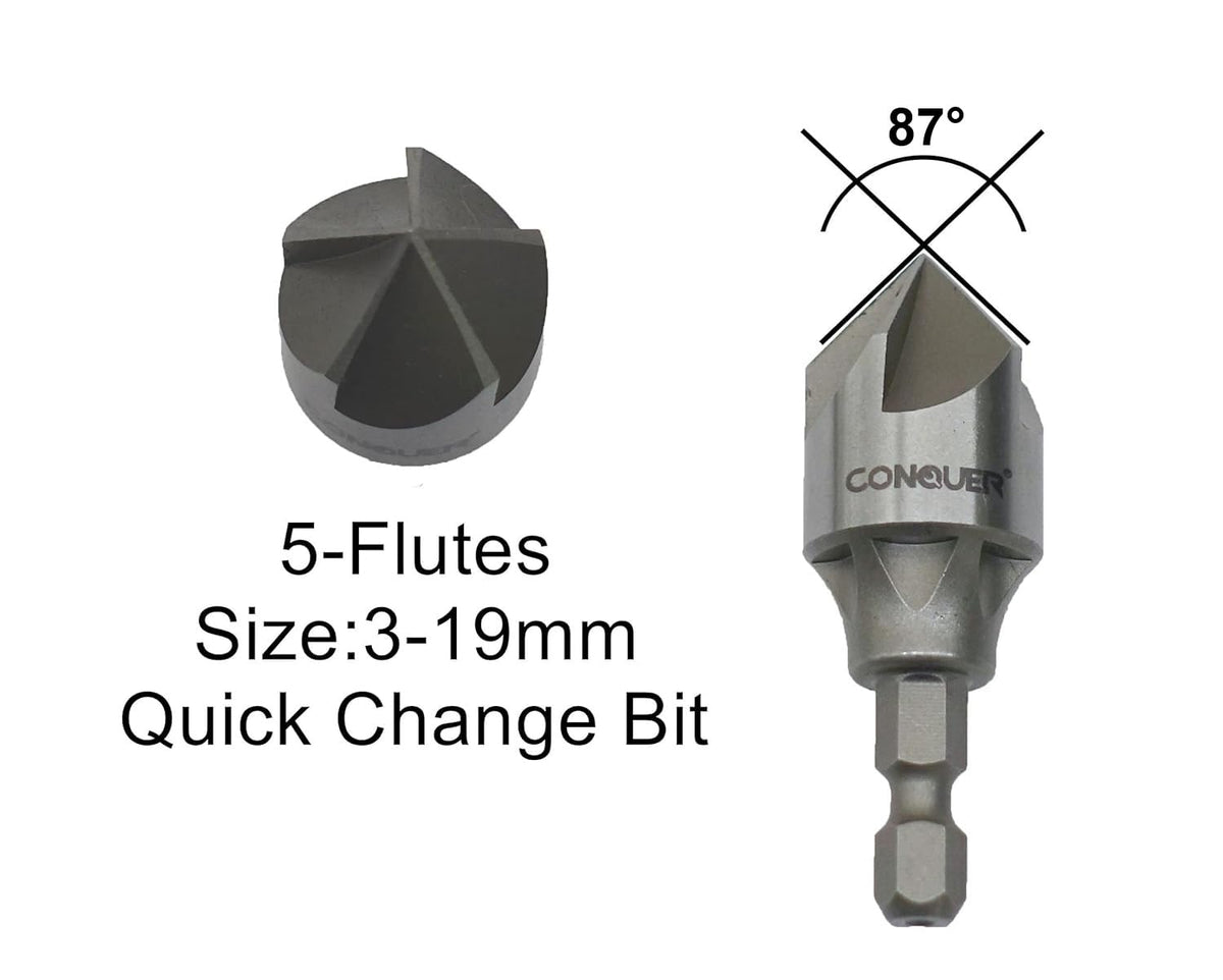 CONQUER 5 Flute Metal Countersink Drill Bit, 1/4" Hex Shank, 1/8"-3/4"