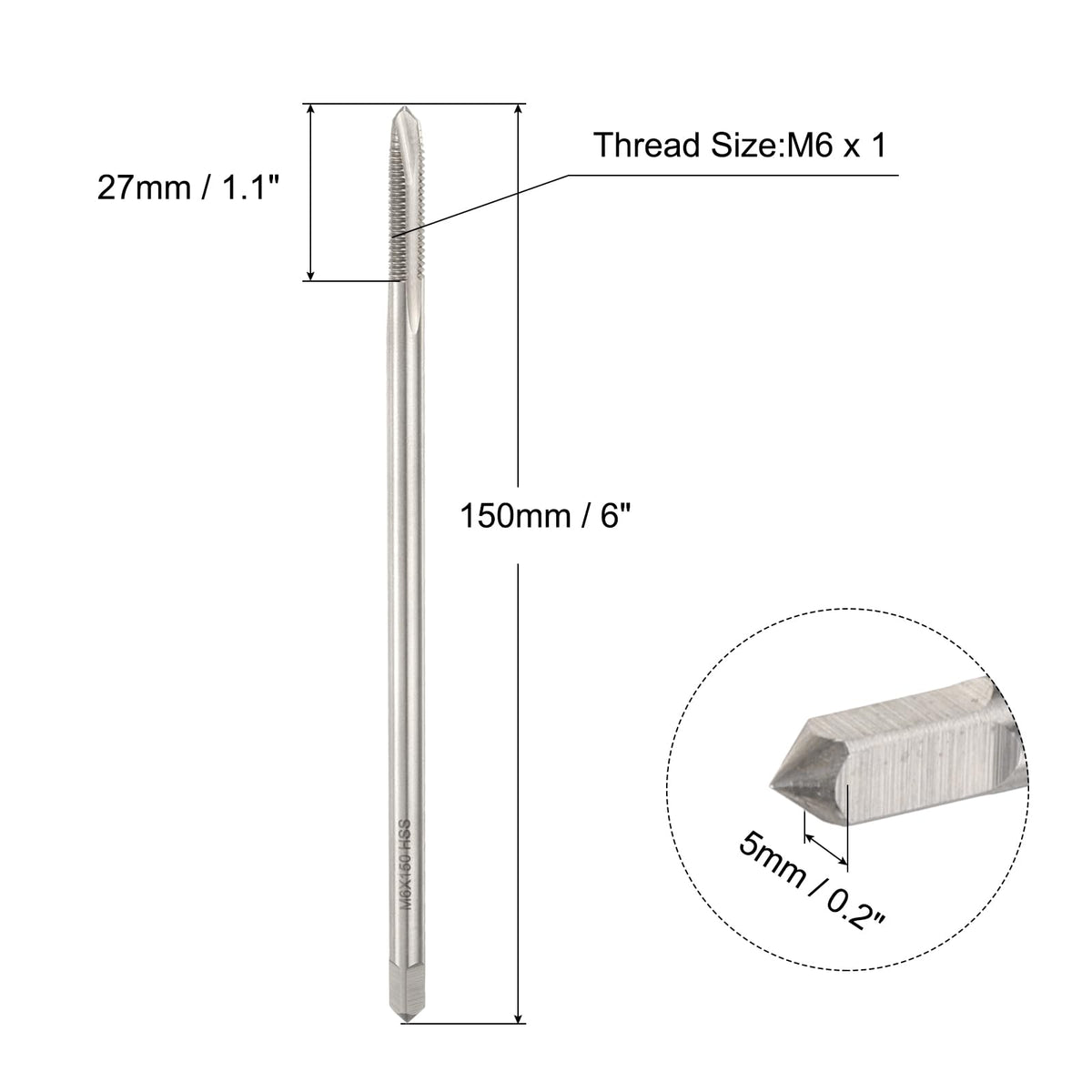 uxcell M6 x 1 H2 Metric Spiral Point Thread Tap, 150mm (6") Extra Long Screw Tap Threading Tapping Tool, High Speed Steel Machine Taps Tapping Bit