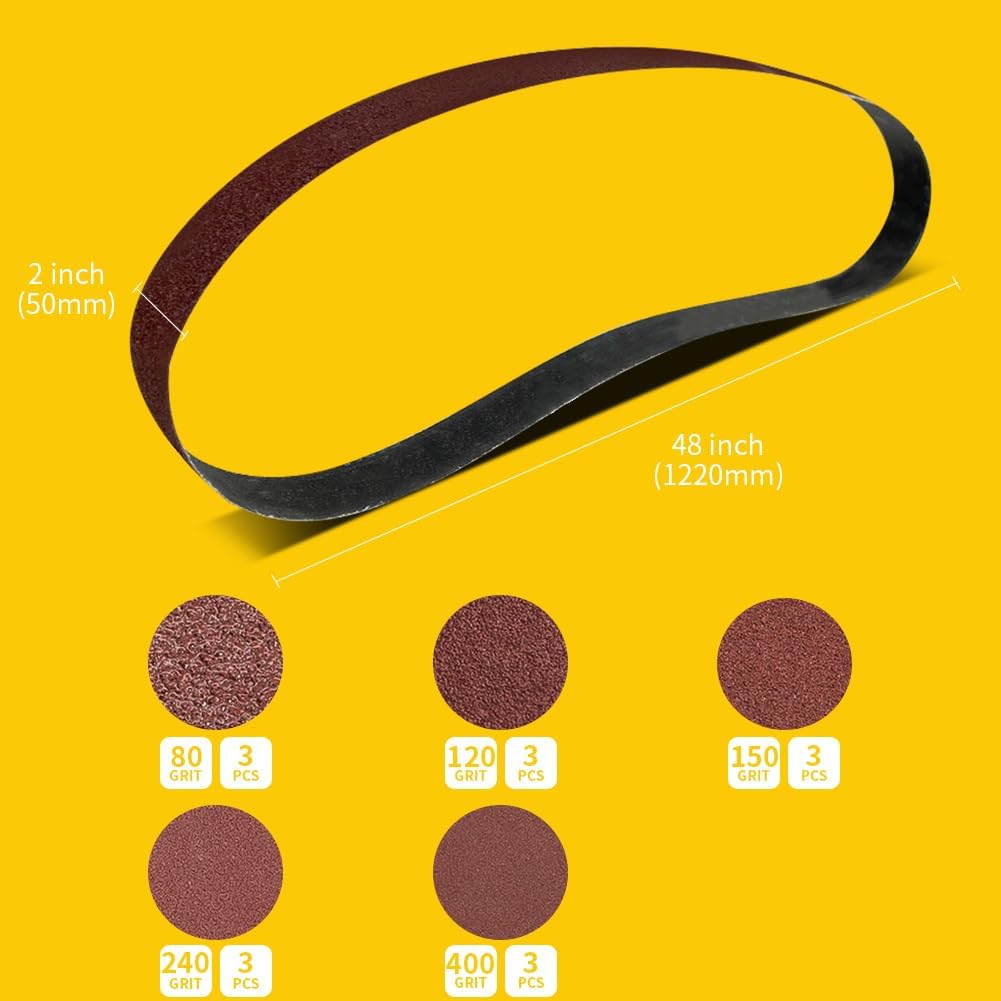 15 Pcs 2 x 48 Inch Assorted Aluminum Oxide Belt Sander Sanding Belt - 3 Each of 80/120/150/240/400 Grits