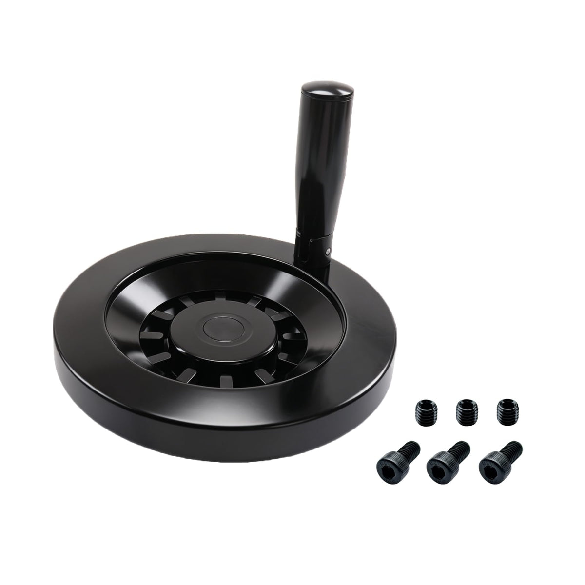 6.5" Foldable Handwheel with Revolving Handle, 3/4" Bore Ribbed Rim Hand Wheel, with 3 Hex Socket Cap Screws & 3 Set Screws, Aluminum Mechanical Handwheel for Heavy Duty Milling Machine, Lathe, CNC