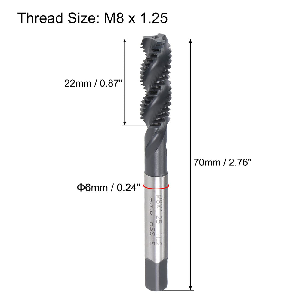 uxcell M8 x 1.25 Spiral Flute Thread Tap, Metric Machine Threading Tap HSS Nitriding Coated, Round Shank with Square End, H2 Tolerance