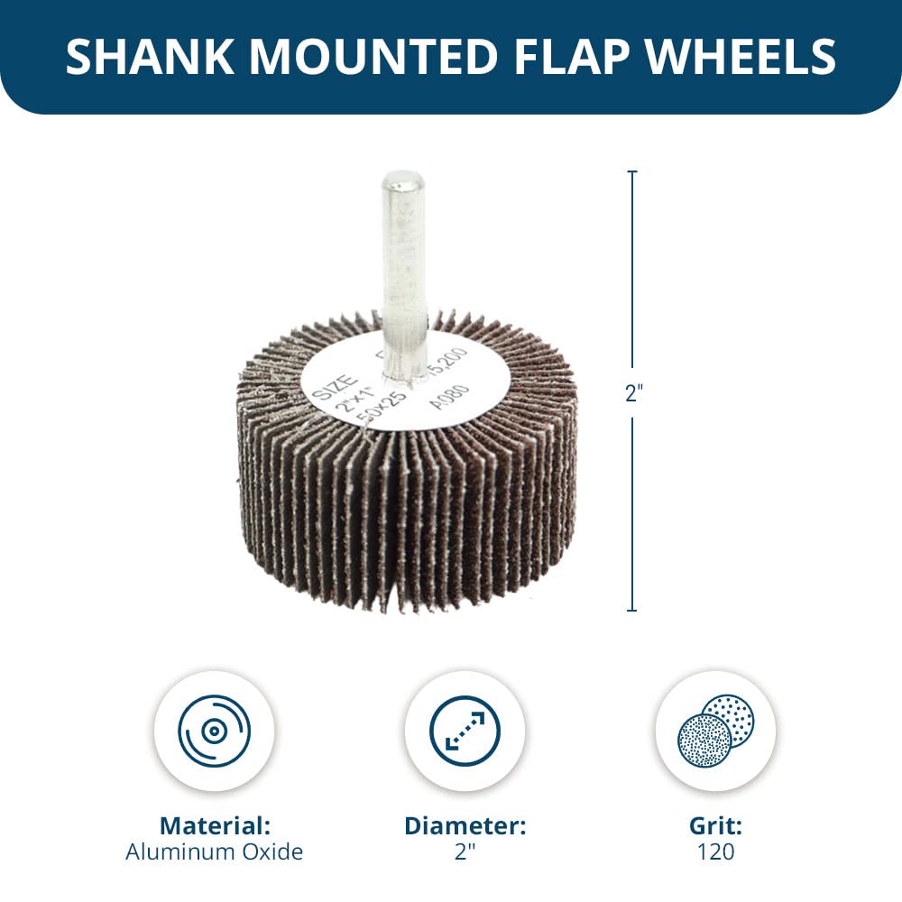 Benchmark Abrasives Aluminum Oxide 2 Inch Flap Wheel 1” Length 1/4" Shank Mounted Sander for Deburring, Sanding, Grinding Paint Removal Polishing Wheel for Drill & Die Grinder (10 Pack) - 120 Grit