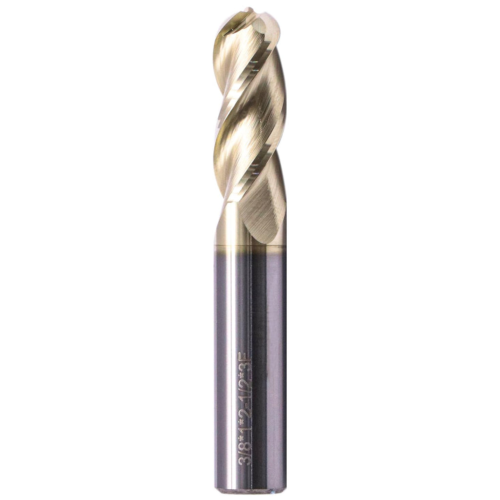 3/8" 3 Flute Solid Carbide Ball Nose End Mill for Aluminum, ZrN Coated