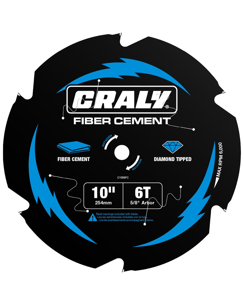 CRALY 10 Inch 6 Teeth Hardie Fiber Cement Circular Saw Blade, 5/8 Inch Arbor, Polycrystalline Diamond Tipped (PCD), Thin Kerf, Black Ice, for Laminate Flooring(C1006FC)