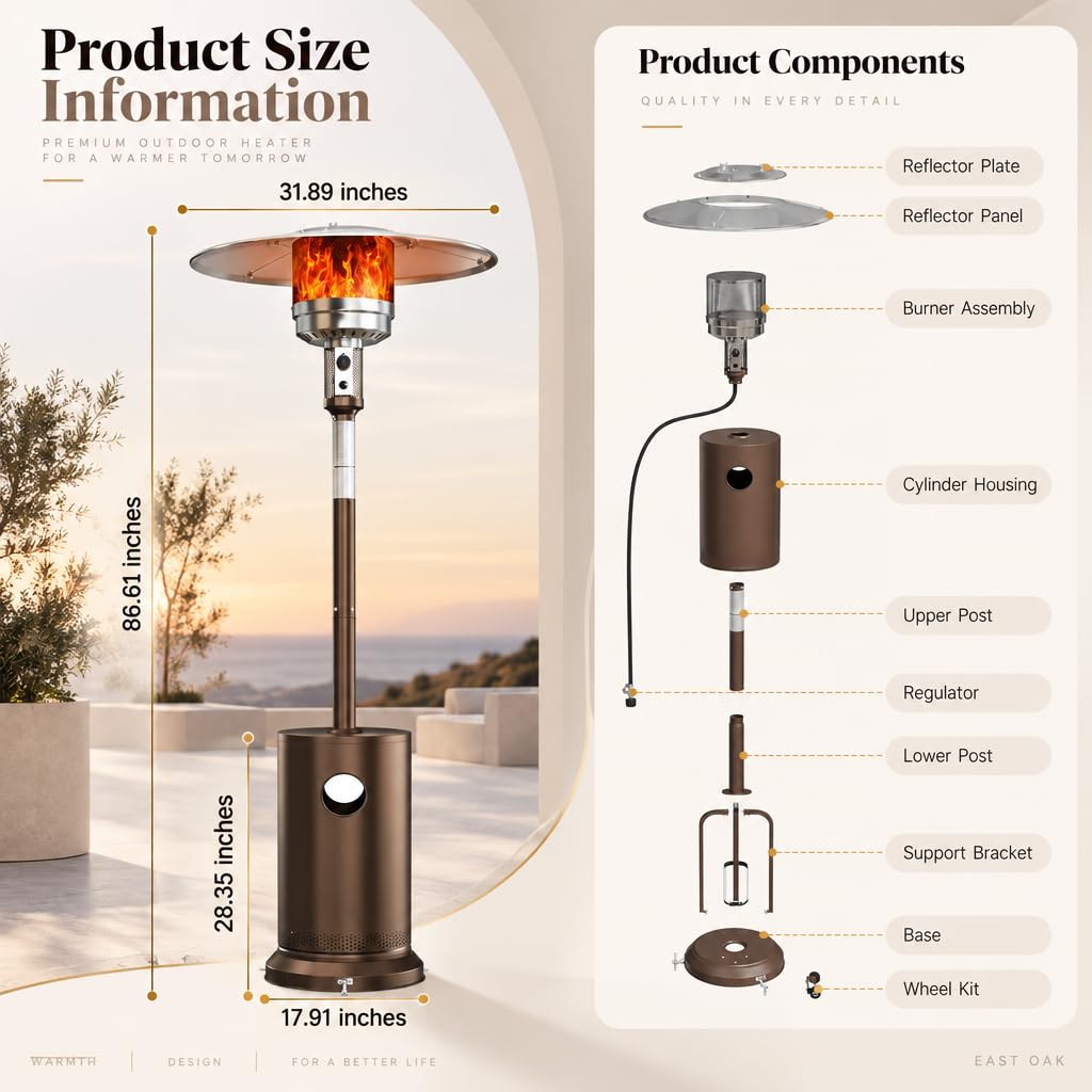 50,000 BTU Propane Patio Heater for Outdoor Use, Wheels, Bronze