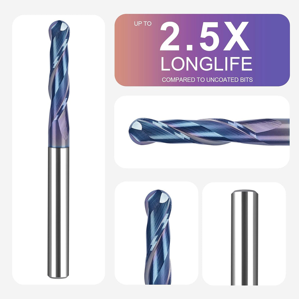 SpeTool Ball Nose CNC Spiral Router Bits, Double Flutes Carbide End Mill 1/4 Inch Shank with TAC Coating, 3 inch Over Length