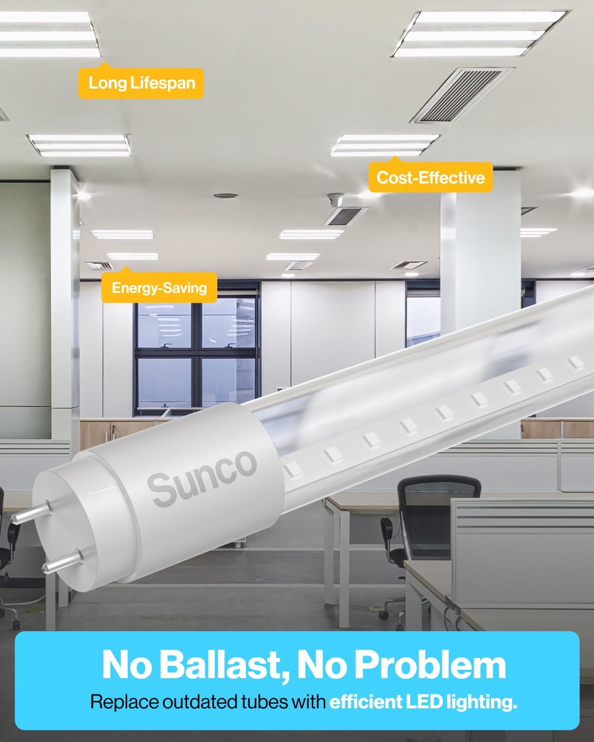 Sunco Lighting 100 Pack T8 LED 4FT Tube Light Bulbs Ballast Bypass Fluorescent Replacement, 5000K Daylight, 18W, Clear Cover, Retrofit, Single Ended Power (SEP), Commercial Grade – UL