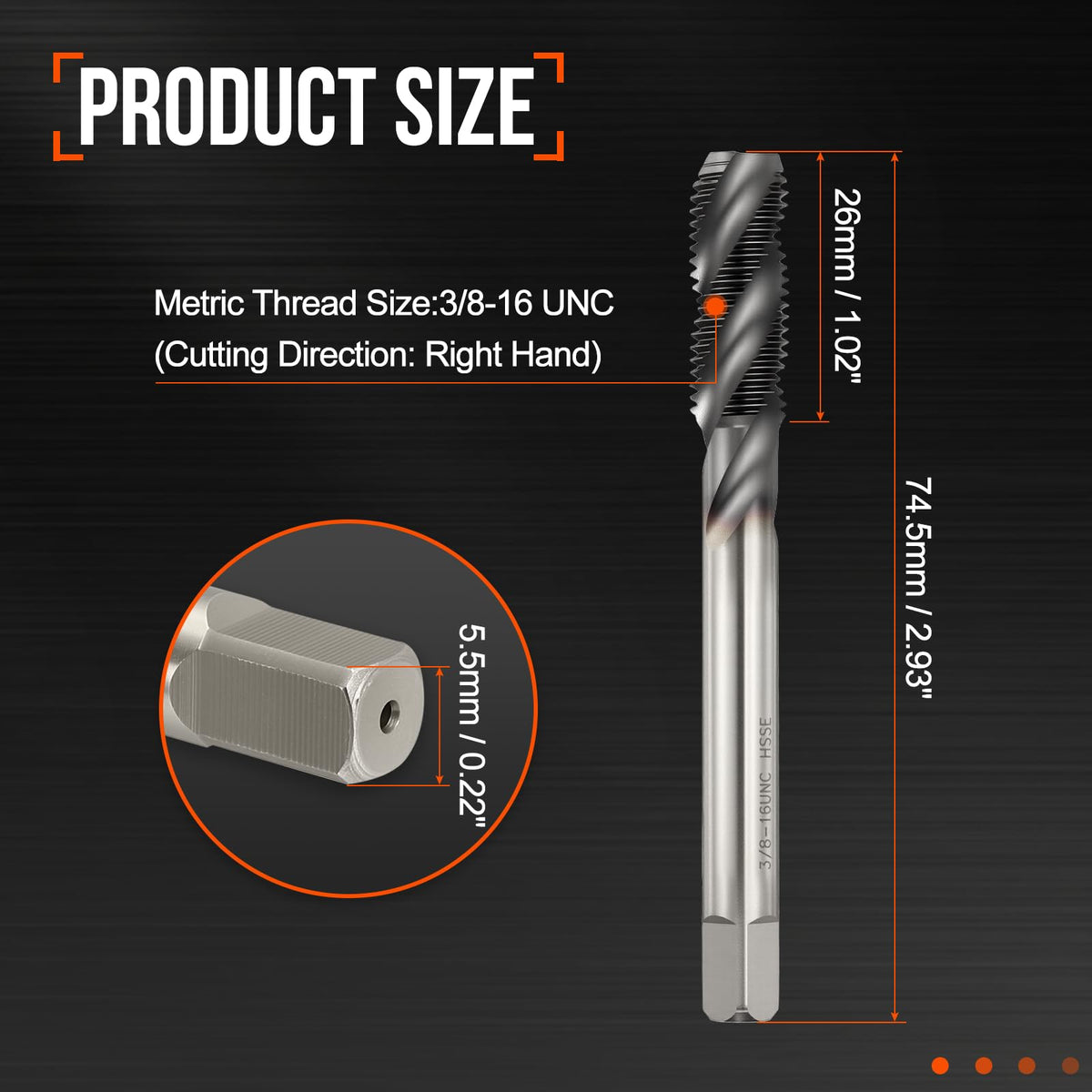 Workkyma 3/8-16 UNC Spiral Flute Thread Tap M35 High Speed Steel TICN
