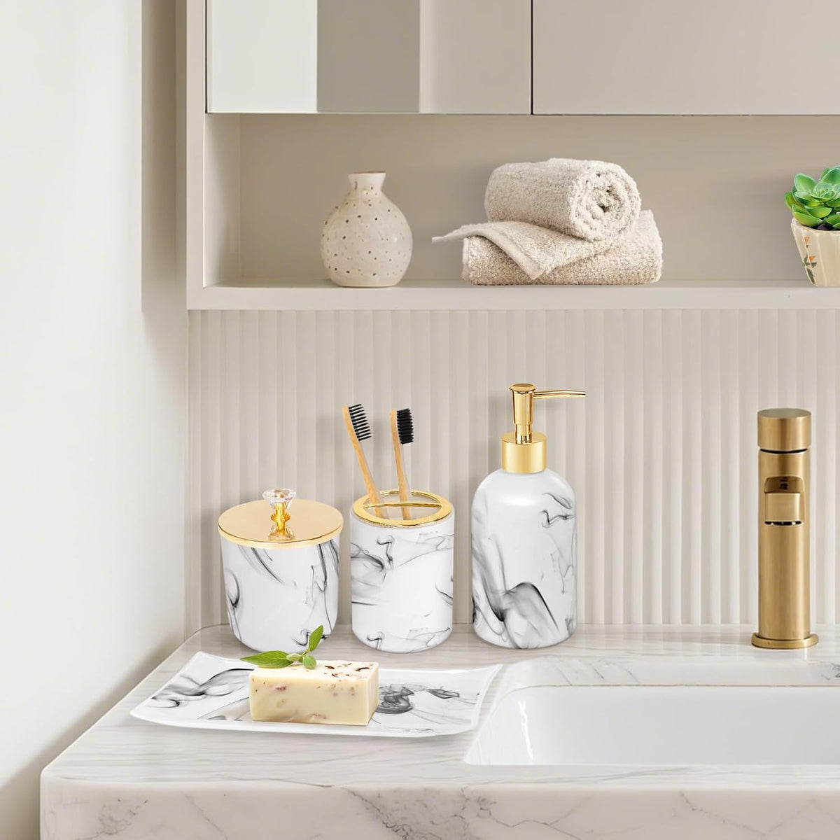 Bathroom Accessories Set, 4 Pcs Marble Look Sets Soap Dispenser & Toothbrush Holder Counter Top Restroom Apartment
