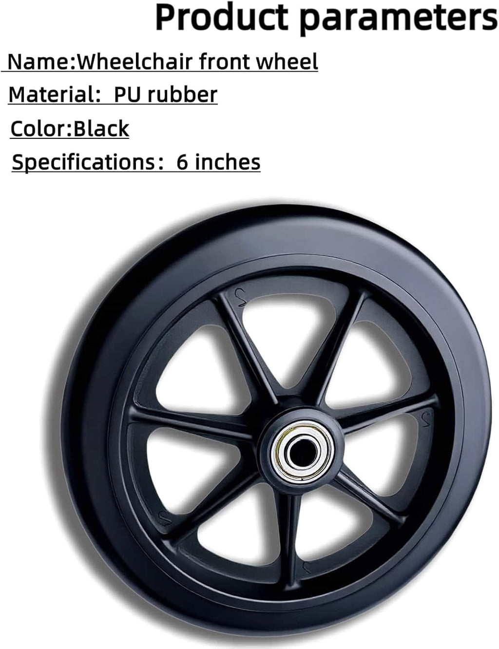 6" Black Walker Replacement Wheel, Hard Rubber, Fits Rollator