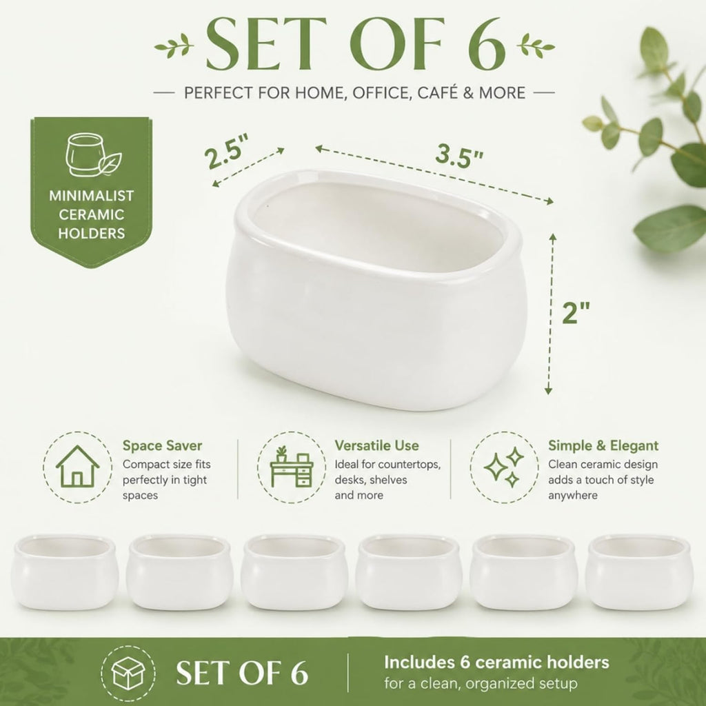 Set of 6 Sugar Packet Holder, Ceramic Sugar Caddy for Sweetener, Classic Restaurant White Tea Bag Organizer Bowl