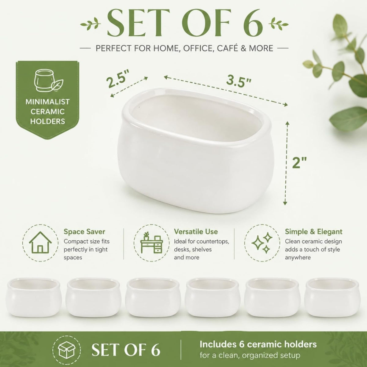 Set of 6 Sugar Packet Holder, Ceramic Sugar Caddy for Sweetener, Classic Restaurant White Tea Bag Organizer Bowl