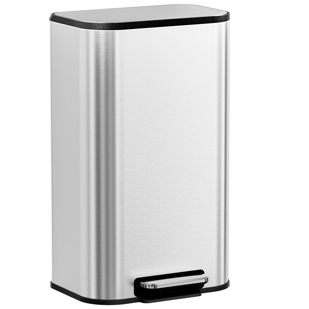 8 Gallon 30L Square Step Kitchen Trash Can, Stainless Steel, Silver