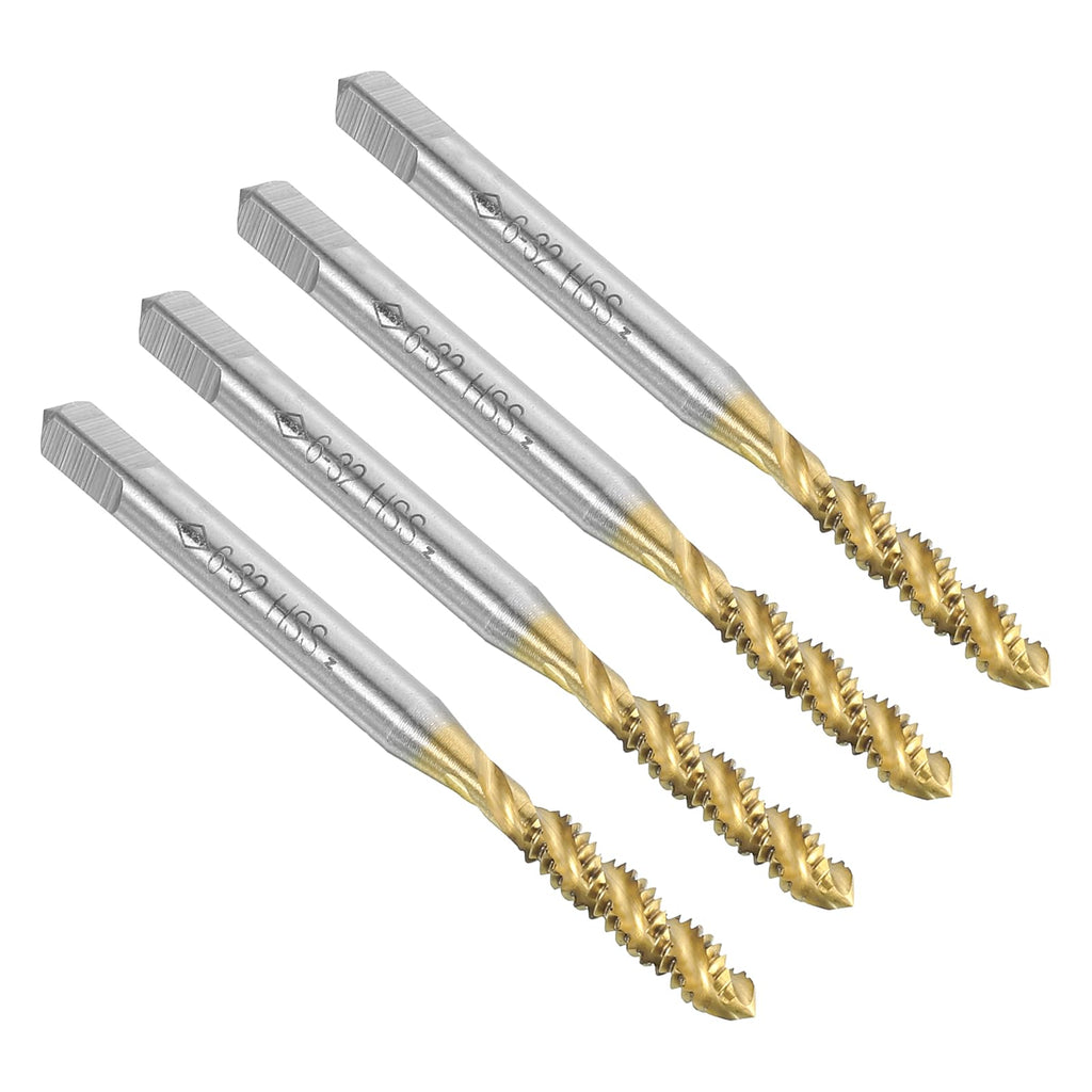 uxcell 4pcs Spiral Flute Thread Taps, 6-32 UNC H2 Screw Threading Tap, Titanium Coated 6542 High Speed Steel Machine Tapping Tools for Machinist Repair