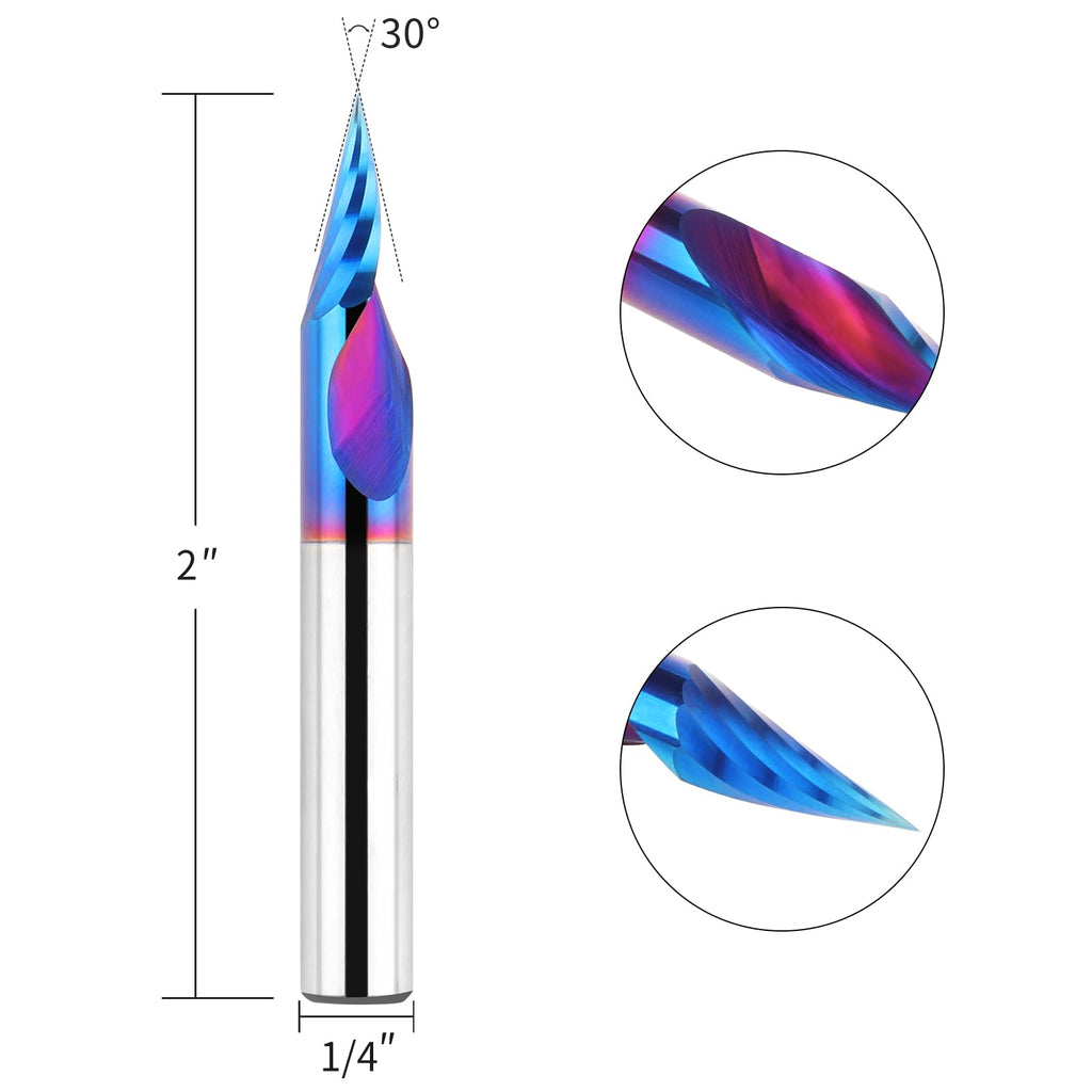 EANOSIC Chamfer End Mill V Groove O Flute Spiral Router Bit 30 Degree 1/4 Inch Shank, Single Flute CNC Carbide V-bit for Engraving Chamfering Lettering, Ideal for Wood, Plywood, MDF, PVC and Acrylic