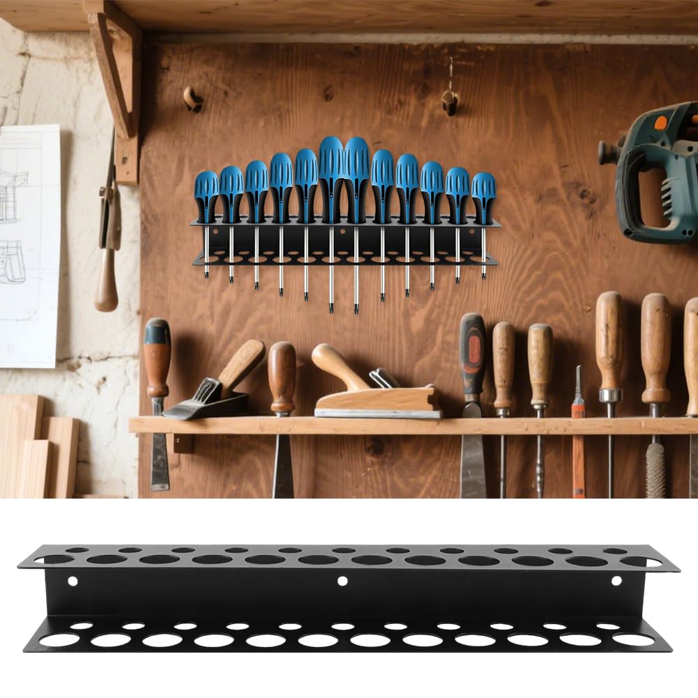 12.6" Screwdriver Holder Wall Mount with 23 Holes, Hand Tools Organizer, Heavy Duty Metal Utility Storage Rack for