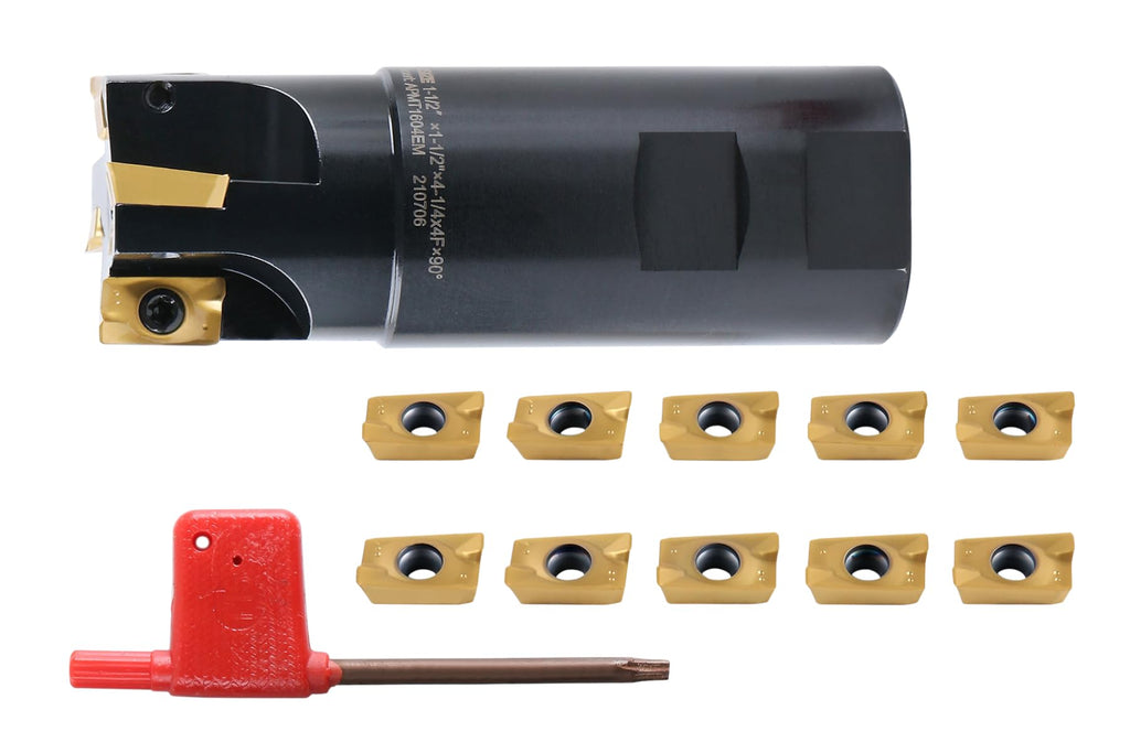 Accusize Industrial Tools 1-1/2" 90° Square Shoulder Indexable End Mill w/ 10 add'l APKT1604 Inserts, 1-1/2" Shank, 4-1/4" OAL, 0.551" ap, 4 Flutes, APKT1604, Carbide Inserts, 0056-0924+0056-1604