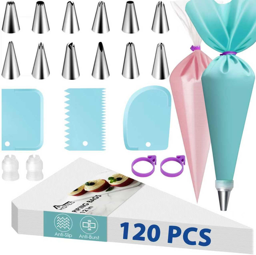 Piping Bags and Tips Set, 120 Pcs Cake Decorating Kit with 100pcs 12 Inch Disposable Pastry Bags, 1 Reusable Piping