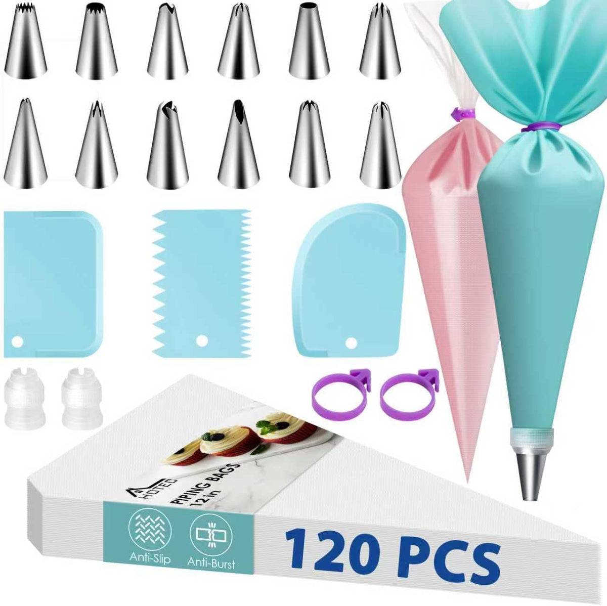 Piping Bags and Tips Set, 120 Pcs Cake Decorating Kit with 100pcs 12 Inch Disposable Pastry Bags, 1 Reusable Piping
