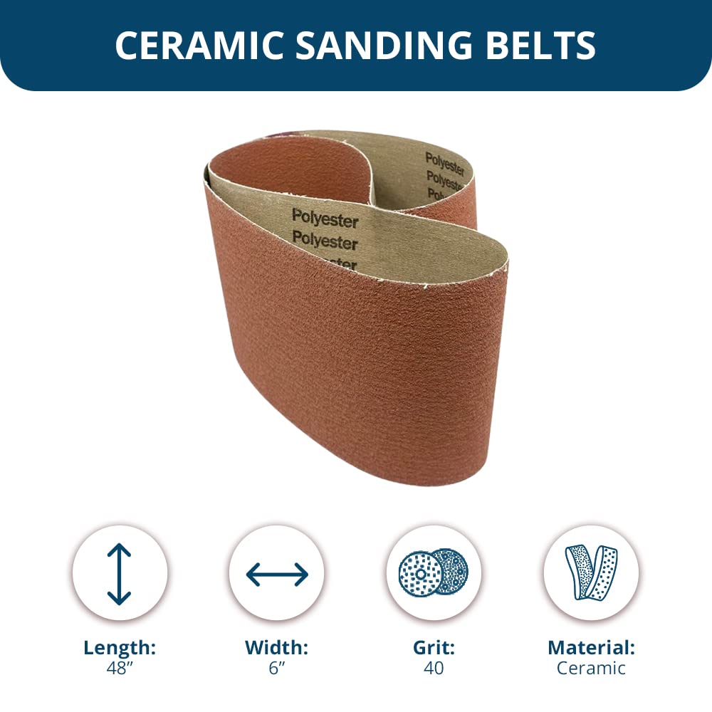Benchmark Abrasives 6" x 48" Ceramic Sharpening Sanding Belts for Grinding Deburring Polishing Rust Removal on Metal, Stainless Steel, and Carbon Steel, Use with Belt Disc Sander (2 Pack) - 40 Grit