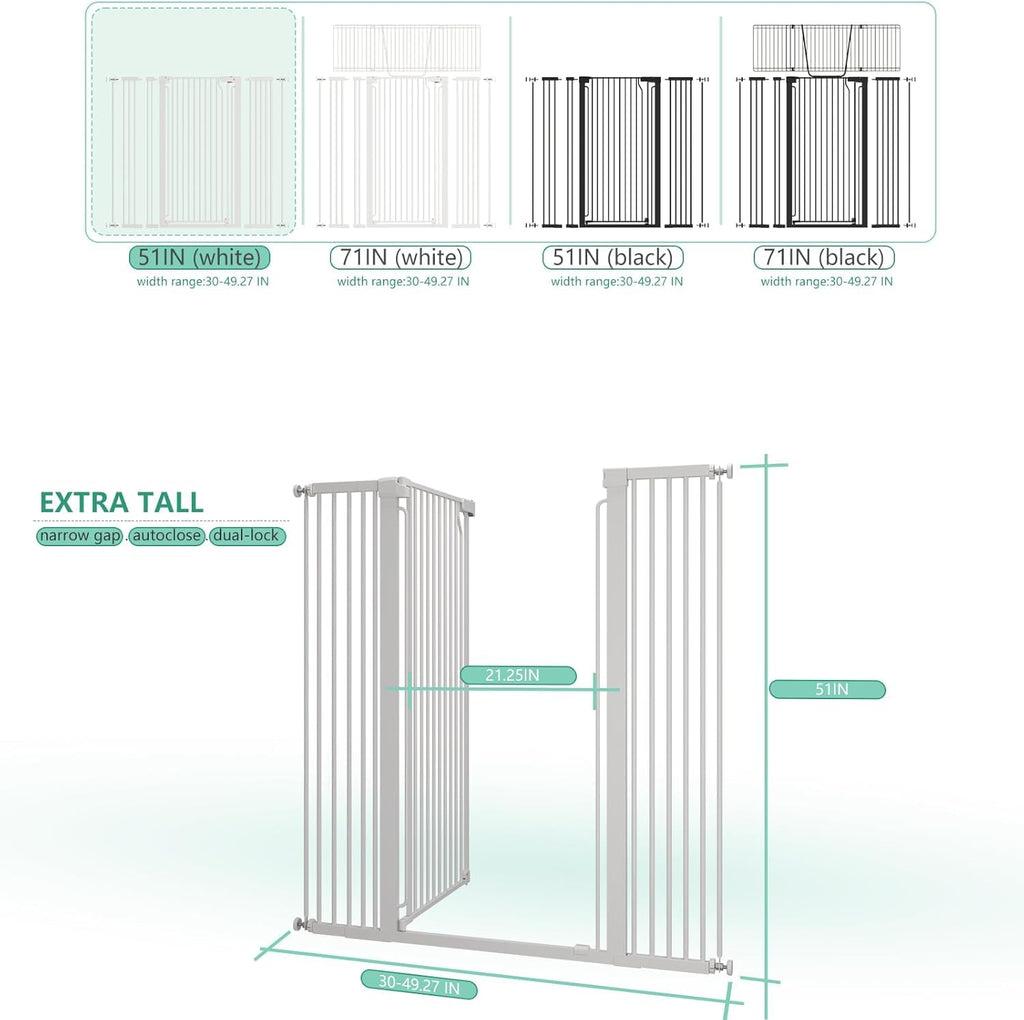51" x 30-49.27" Wide Extra-Tall Full-Height Anti-Jump Cat & Pet Safety Gate with No-Drill Pressure Mount & Auto-Close Walk-Through Door