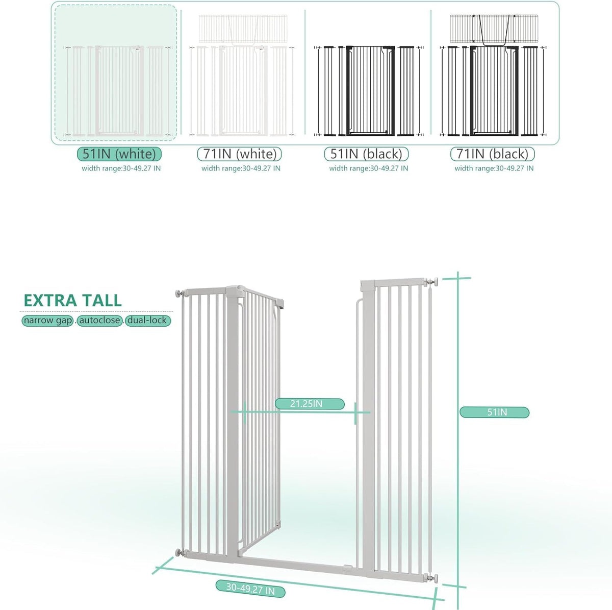 51" x 30-49.27" Wide Extra-Tall Full-Height Anti-Jump Cat & Pet Safety Gate with No-Drill Pressure Mount & Auto-Close Walk-Through Door