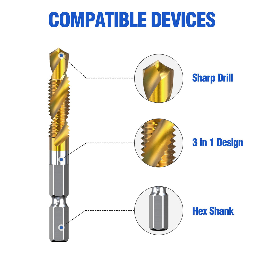 HUHAO 8Pcs Thread Tap Set Metric Spiral Point Taps Titanium Coated Machine Screw Drill Tap Bits Thread Tapping Tool,M2-M12