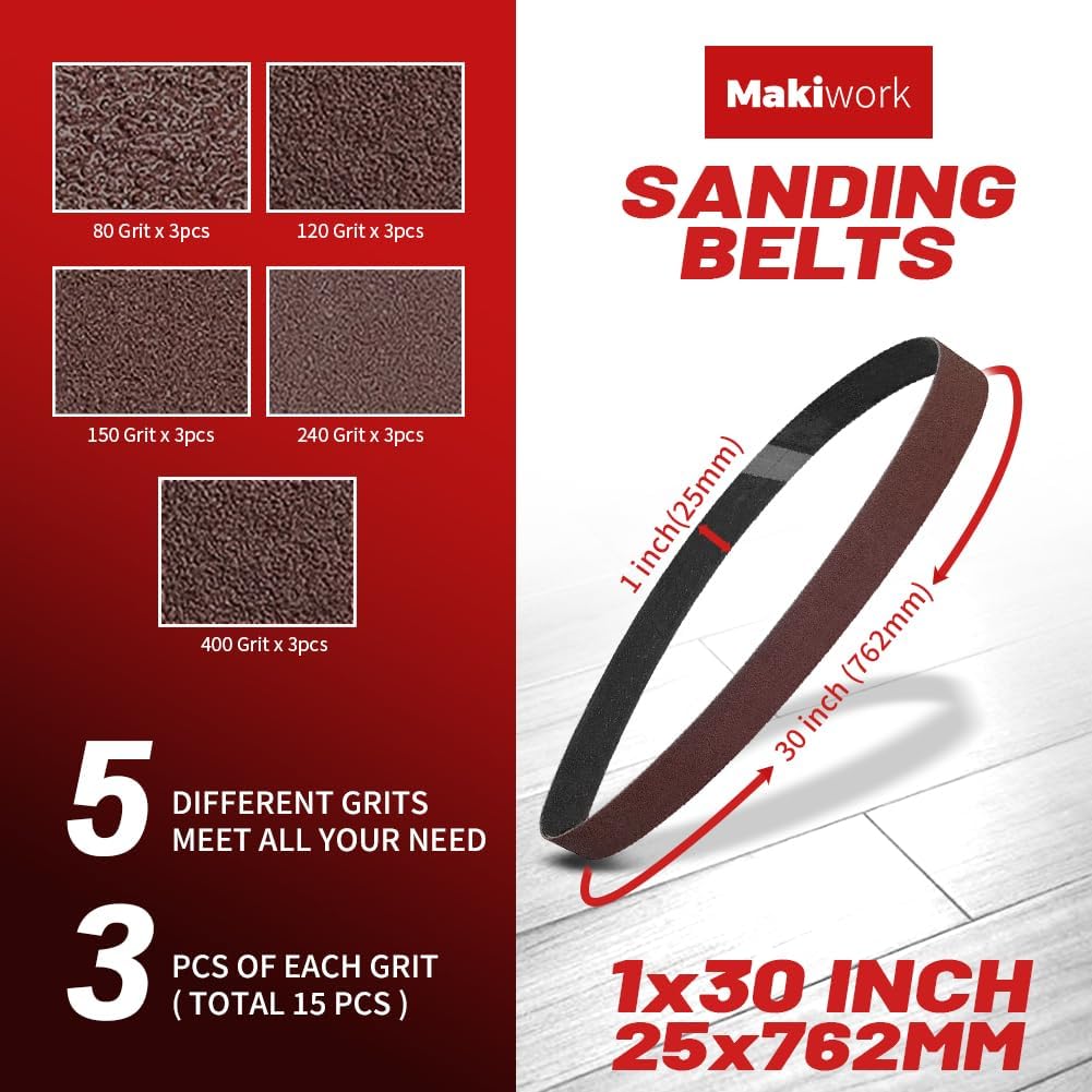 1 x 30 Inch 25 x 762 mm Sanding Belts Set - 15-Pack with 80/120/150/240/400 Grits, Aluminum Oxide Abrasive Belts for Woodworking