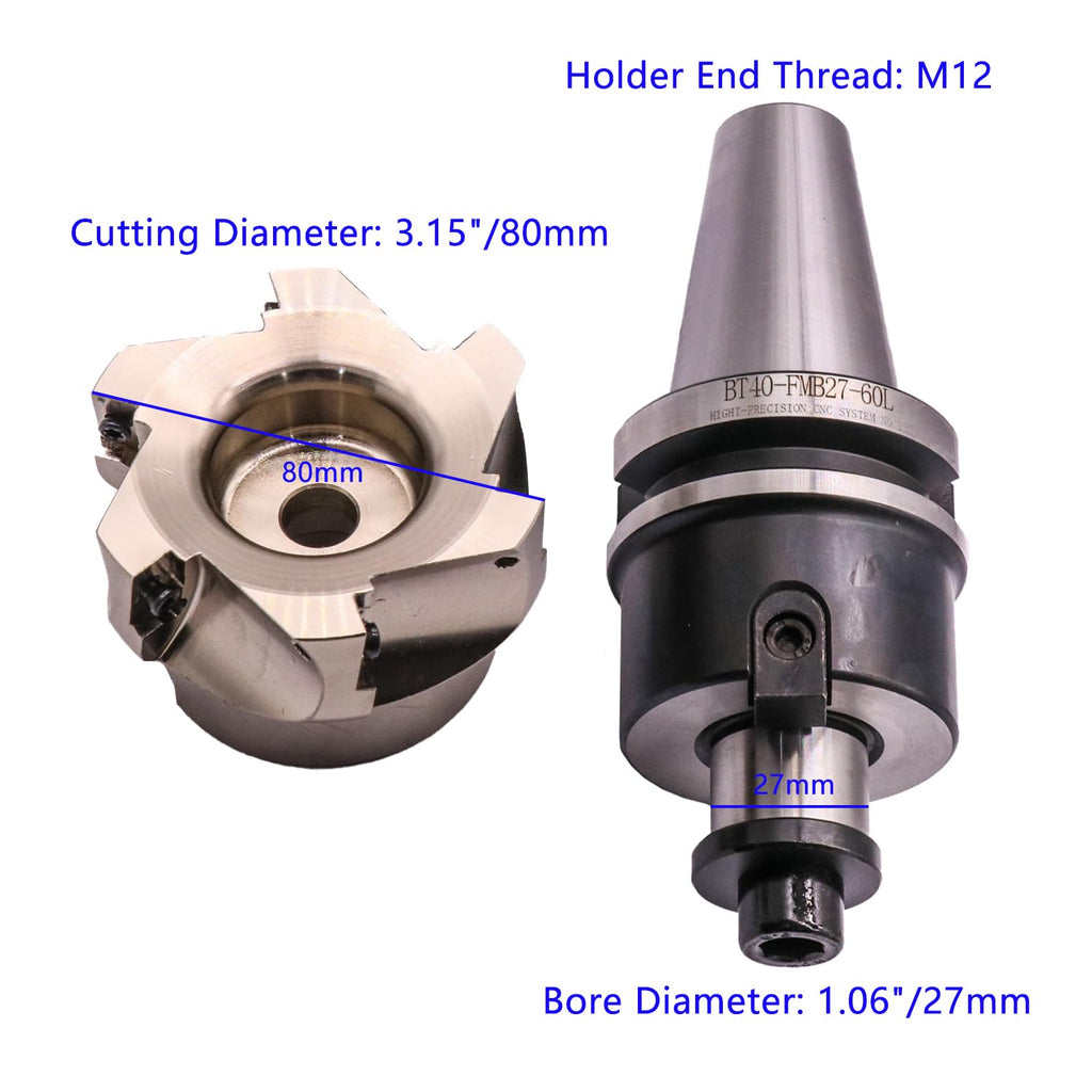 BT40 Arbor, 3.15"/80mm Cut Dia 400R-80-27-6T Face Mill Shell Cutter Set