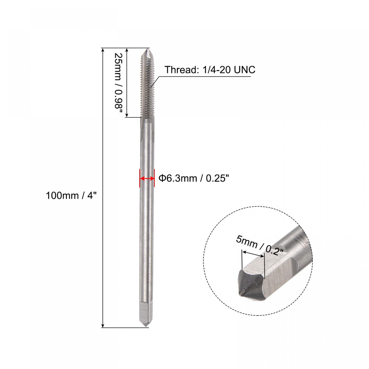 uxcell Thread Milling Taps, 1/4-20 UNC High Speed Steel (HSS) 3 Straight Flutes Machine Screw Thread Threading Tap, 4" Length (Extra Long)