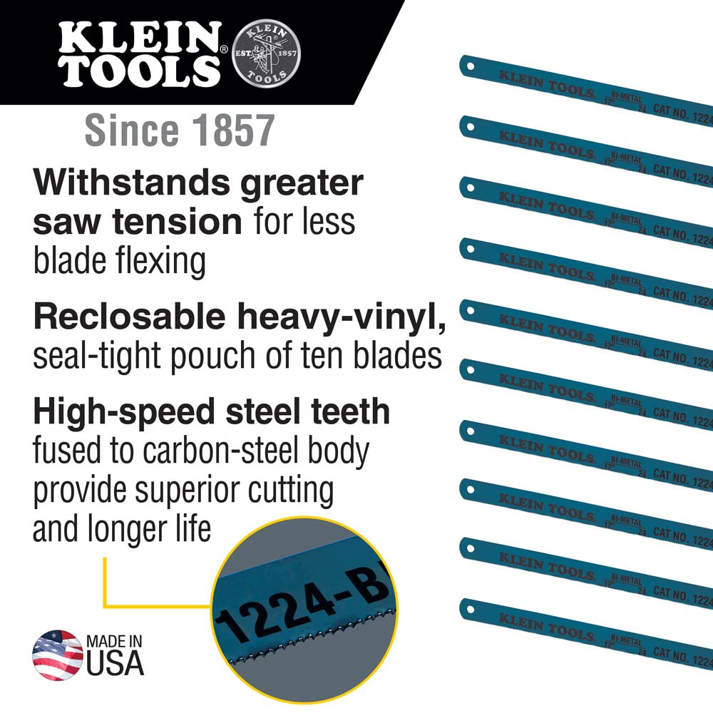 Klein Tools 1224BI-P 12-Inch Hacksaw Blades, 24 TPI, 10-Pack