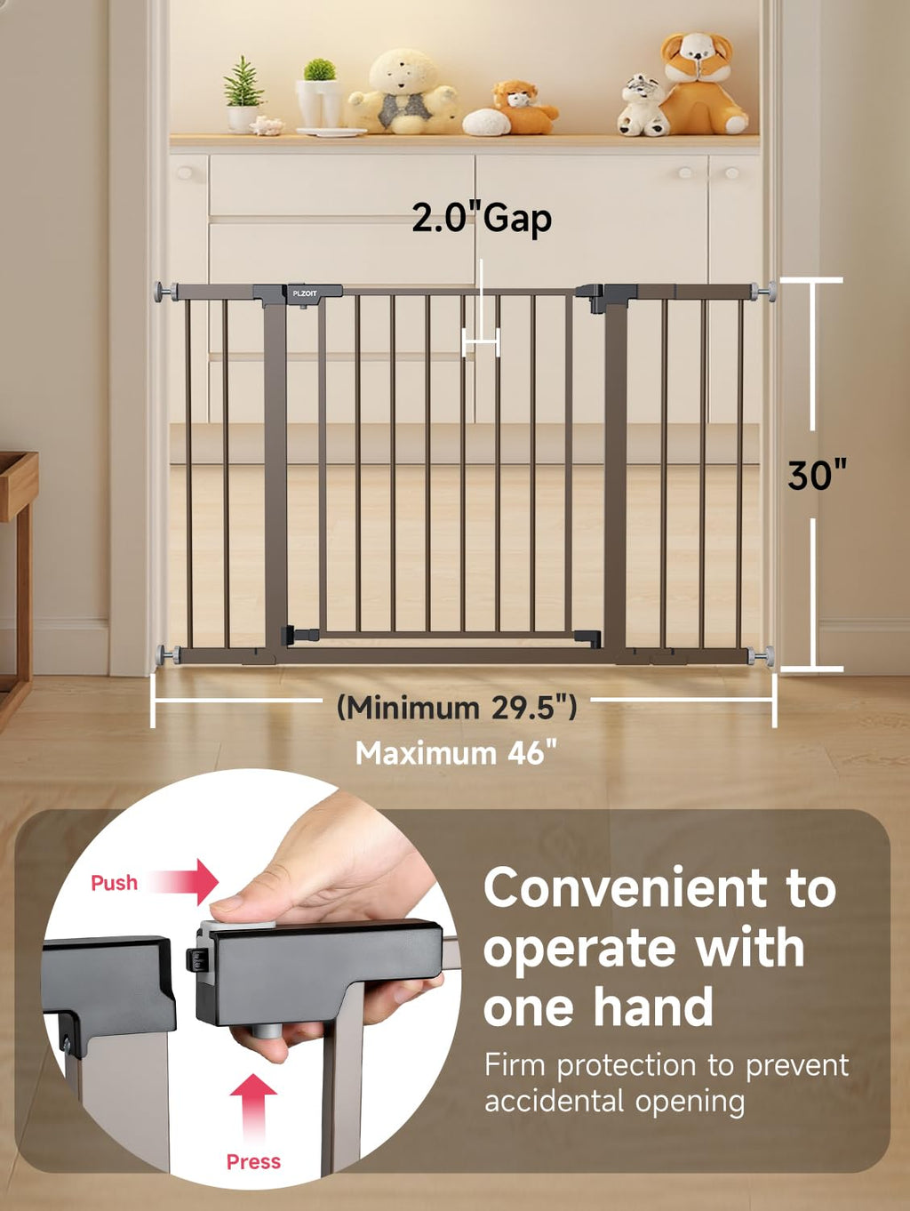 29.5-46" Extra-Tall & Extra-Wide Adjustable Hardware/Pressure-Mounted Pet & Child Safety Gate with Auto-Close Walk-Through Door for Stairs, Hallways & Wide Doorways