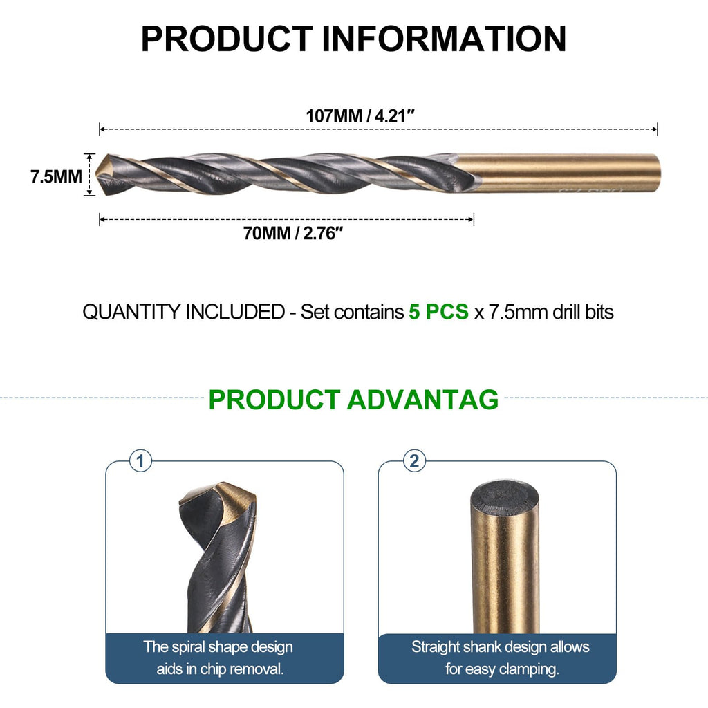 METALLIXITY Drill Bit (7.5mm) 4341 High-Speed Steel Black & Gold 5Pcs