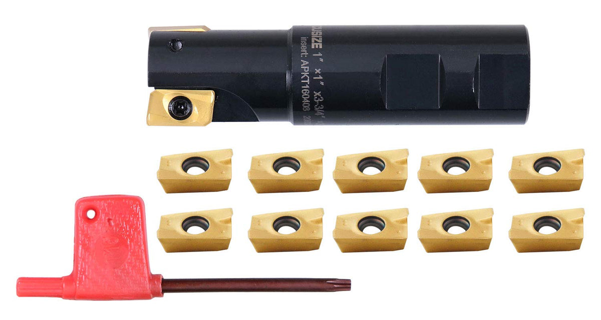 Accusize Industrial Tools 1" 90° Square Shoulder Indexable End Mill w/ 10 add'l APKT1604 Inserts, 1" Shank, 3-3/4" OAL, 0.551" ap, 2 Flutes, APKT1604, Carbide Inserts, 0056-0921+0056-1604